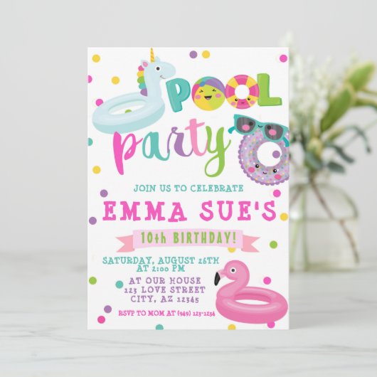 Invitation Fille Pool Party Unicorn Flamant rose Float Annive (Debout devant)