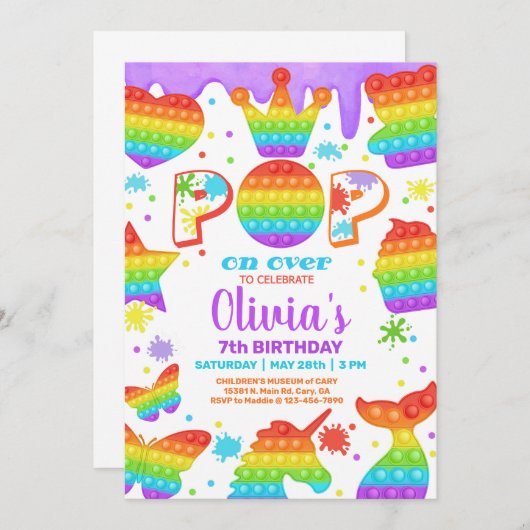 Invitation Fille popit l'invitation de fête d'anniversaire, S (Devant / Derrière)