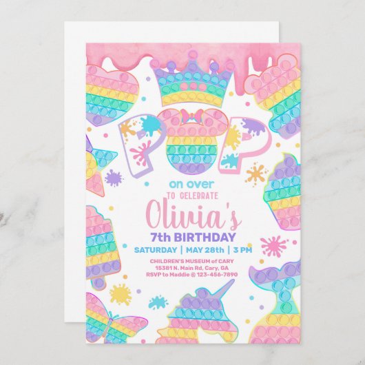 Invitation Fille popit l'invitation de fête d'anniversaire, S (Devant / Derrière)