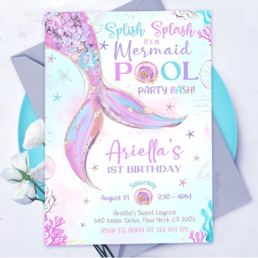 Invitation Fille pour une Fête de Piscine Sirène S