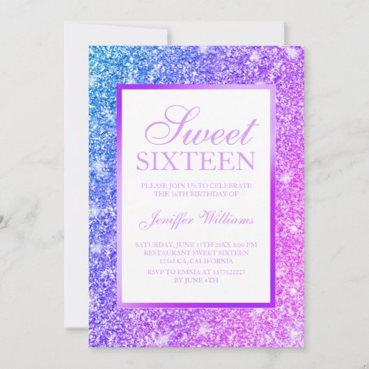 Invitation Fille pourpre et rose Parties scintillant douce 16 (Devant)