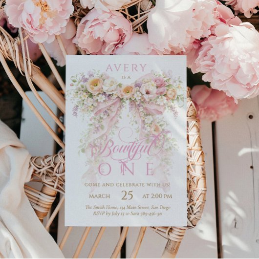 Invitation Fille premier anniversaire Bloom Floral Bow