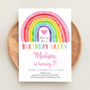Invitation Fille premier anniversaire cœur arc-en-ciel aquare