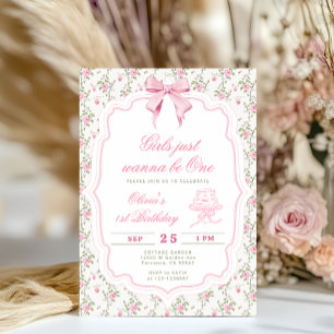 Invitation Fille premier anniversaire Élégant Nœud Rose