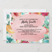 Invitation Fille premier anniversaire fleurs rose sarcelle ja (Devant)