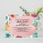 Invitation Fille premier anniversaire fleurs rose sarcelle ja (Debout devant)