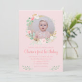 Invitation Fille premier anniversaire Pink floral photo (Debout devant)