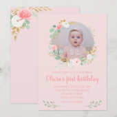 Invitation Fille premier anniversaire Pink floral photo (Devant / Derrière)