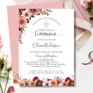 Invitation Fille Première Communion Blush rose Floral Invitat