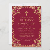 Invitation Fille première communion Bourgogne Gold Feuilles V (Devant)