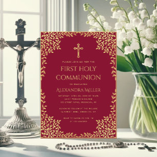 Invitation Fille première communion Bourgogne Gold Feuilles V