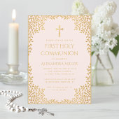 Invitation Fille Première Communion Faux Feuilles Dorées Rose