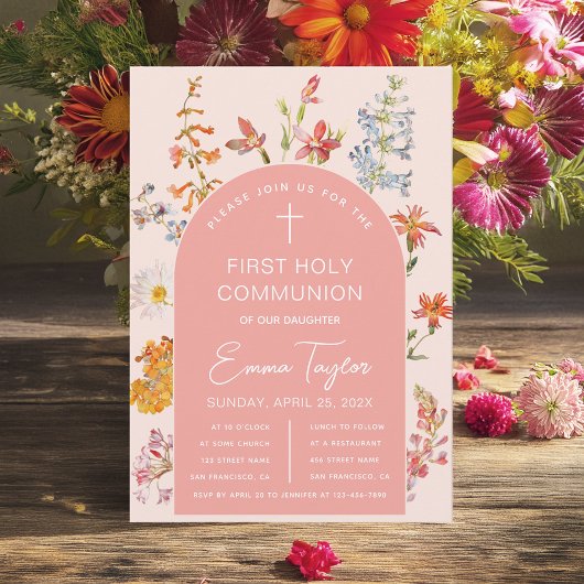 Invitation Fille première communion Fleurs sauvages Arc rose