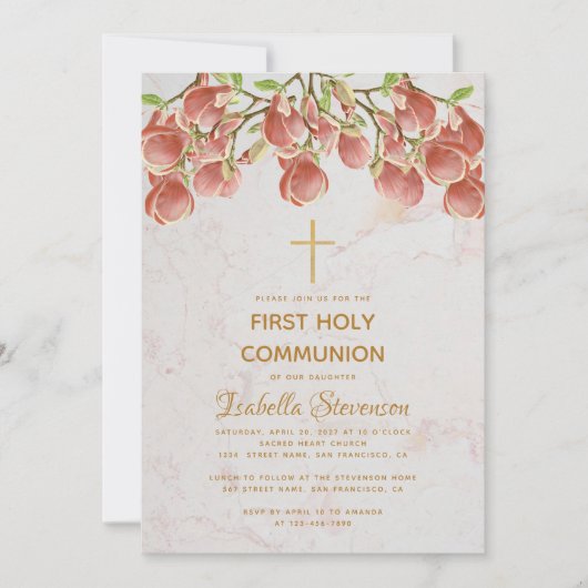 Invitation Fille Première Communion Floral rose marbre Magnol (Devant)