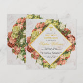 Invitation Fille Première Communion Œillets Croix Dorée Flora (Devant / Derrière)