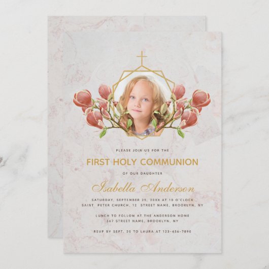 Invitation Fille Première Communion Photo Magnolia Rose Marbr (Devant / Derrière)