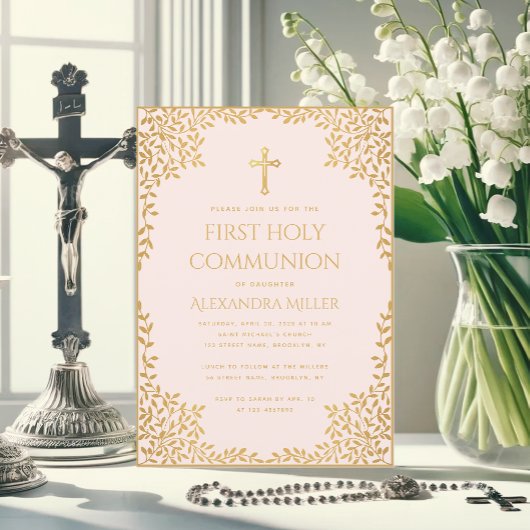 Invitation Fille première communion rose Faux or Feuilles Vin