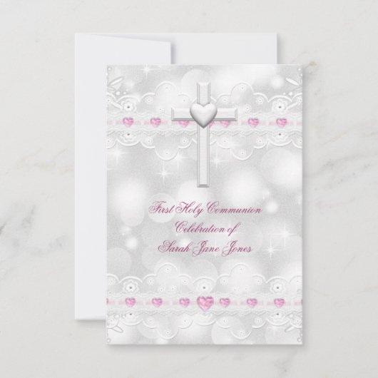 Invitation Fille première sainte communion Argent blanc (Devant)