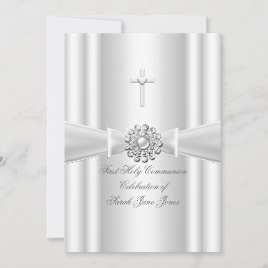 Invitation Fille première sainte communion Argent blanc (Devant)
