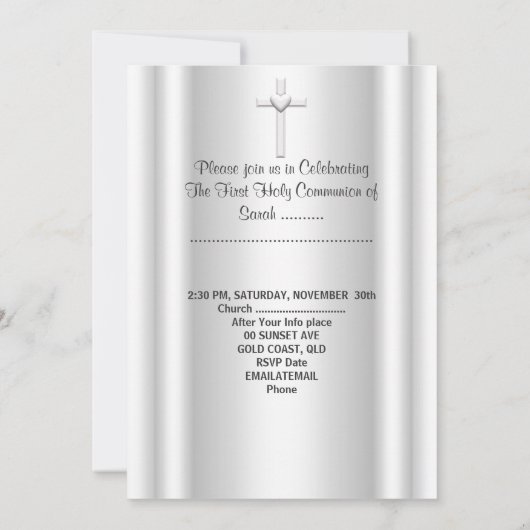 Invitation Fille première sainte communion Argent blanc (Dos)