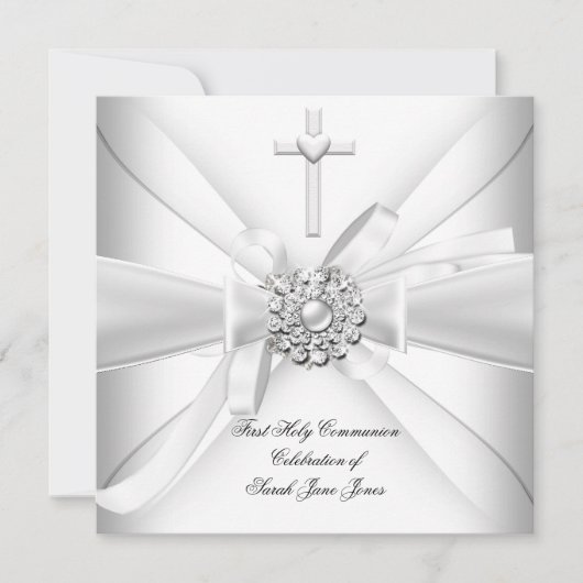Invitation Fille première sainte communion Argent blanc (Devant)