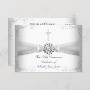 Invitation Fille première sainte communion Argent blanc