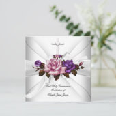 Invitation Fille Première Sainte Communion Blanc Argent Rose (Debout devant)