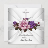 Invitation Fille Première Sainte Communion Blanc Argent Rose (Devant)