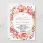 Invitation Fille première sainte communion Corail floral rose (Devant)