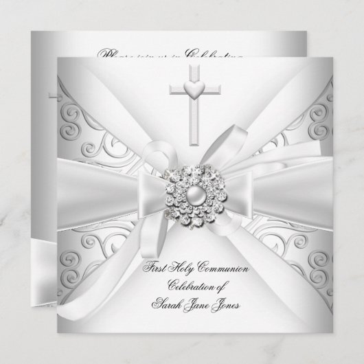 Invitation Fille première sainte communion Damas blanc argent (Devant / Derrière)