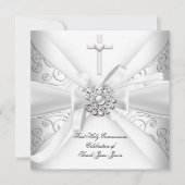 Invitation Fille première sainte communion Damas blanc argent (Devant)