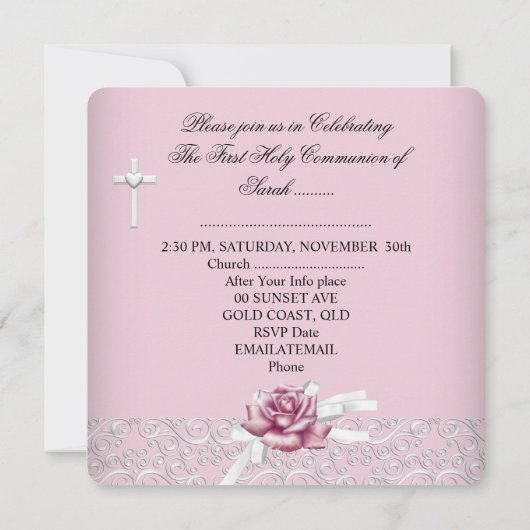 Invitation Fille Première Sainte Communion Damask Rose Rose R (Dos)