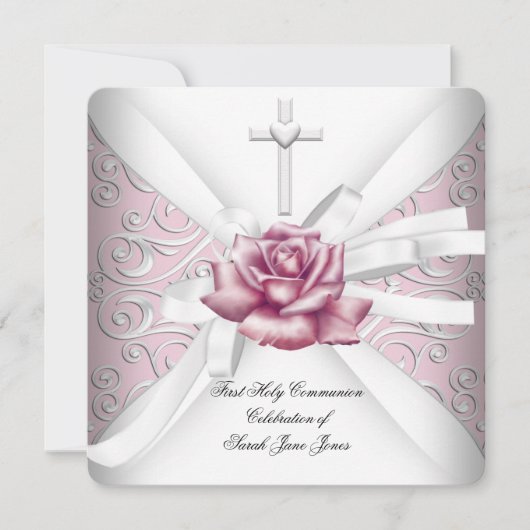 Invitation Fille Première Sainte Communion Damask Rose Rose R (Devant)