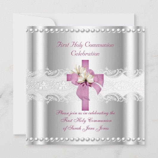 Invitation Fille Première Sainte Communion Dentelle Argent Pi (Devant)