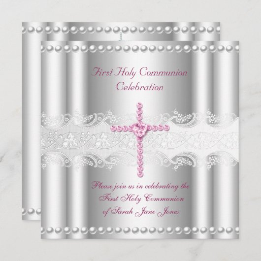 Invitation Fille Première Sainte Communion Dentelle Argent Pi (Devant / Derrière)