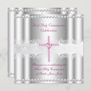 Invitation Fille Première Sainte Communion Dentelle Argent Pi