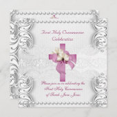 Invitation Fille Première Sainte Communion Dentelle Argent Pi (Devant / Derrière)