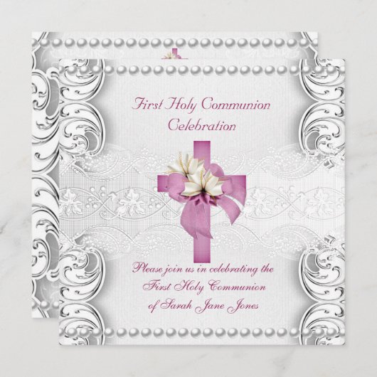Invitation Fille Première Sainte Communion Dentelle Argent Pi (Devant / Derrière)