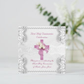 Invitation Fille Première Sainte Communion Dentelle Argent Pi (Debout devant)