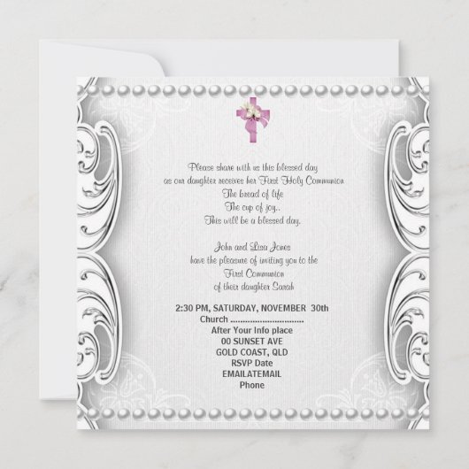 Invitation Fille Première Sainte Communion Dentelle Argent Pi (Dos)