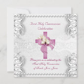 Invitation Fille Première Sainte Communion Dentelle Argent Pi (Devant)