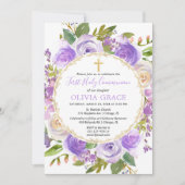 Invitation Fille Première Sainte Communion Floral Purple lava (Devant)