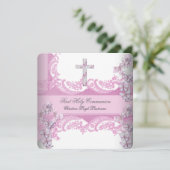 Invitation Fille première sainte communion jolie dentelle ros (Debout devant)