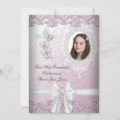 Invitation Fille première sainte communion jolie photo rose (Devant)