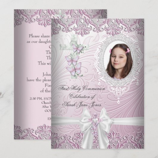 Invitation Fille première sainte communion jolie photo rose (Devant / Derrière)