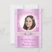Invitation Fille première sainte communion jolie photo rose (Devant)