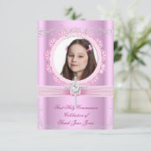 Invitation Fille première sainte communion jolie photo rose (Debout devant)