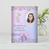 Invitation Fille première sainte communion jolie photo rose (Debout devant)