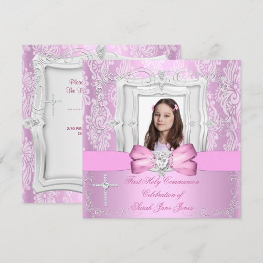 Invitation Fille première sainte communion jolie photo rose (Devant / Derrière)