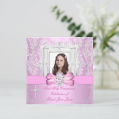Invitation Fille première sainte communion jolie photo rose (Debout devant)